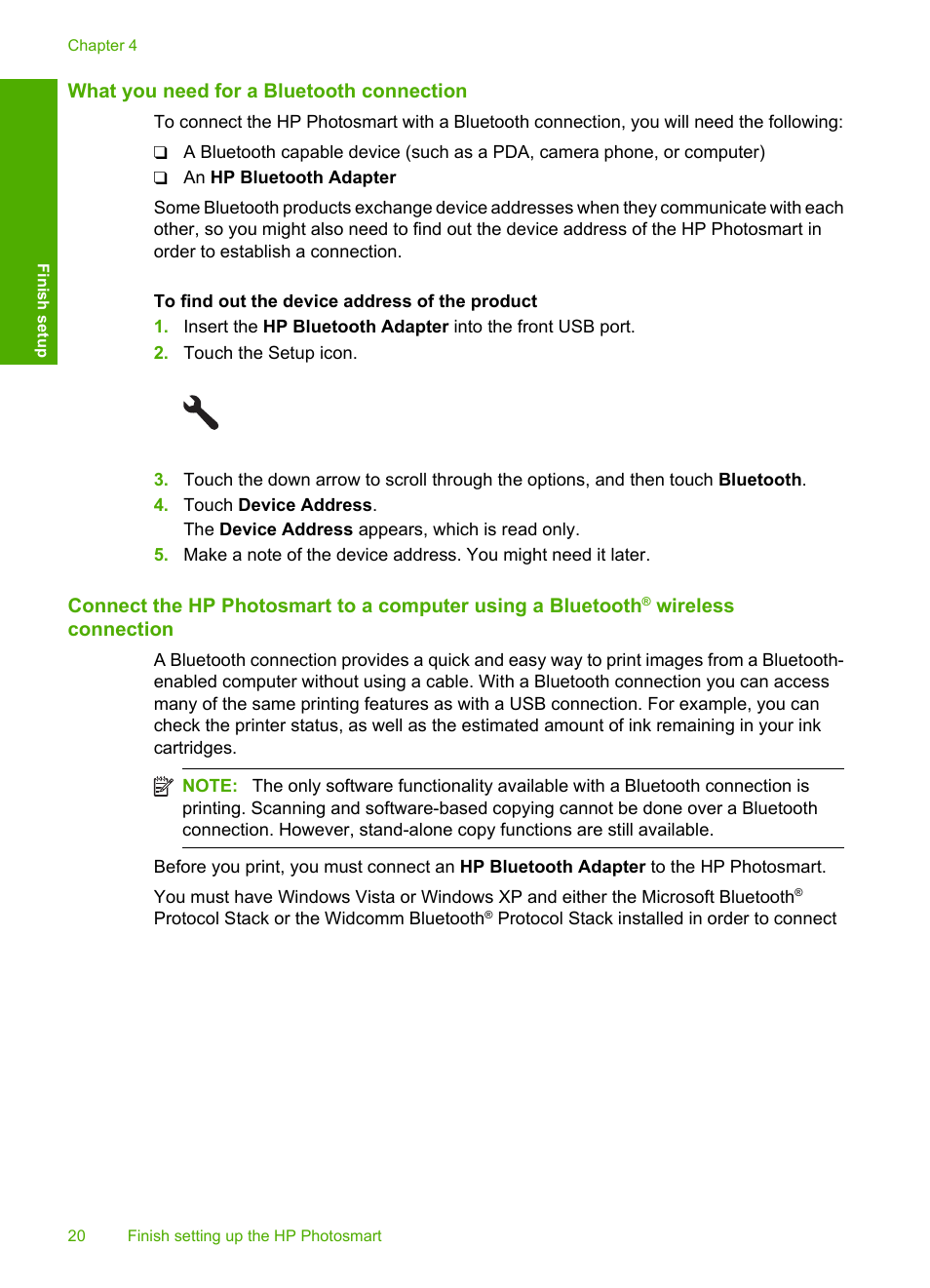 What you need for a bluetooth connection | HP Photosmart D7560 Printer User Manual | Page 23 / 237