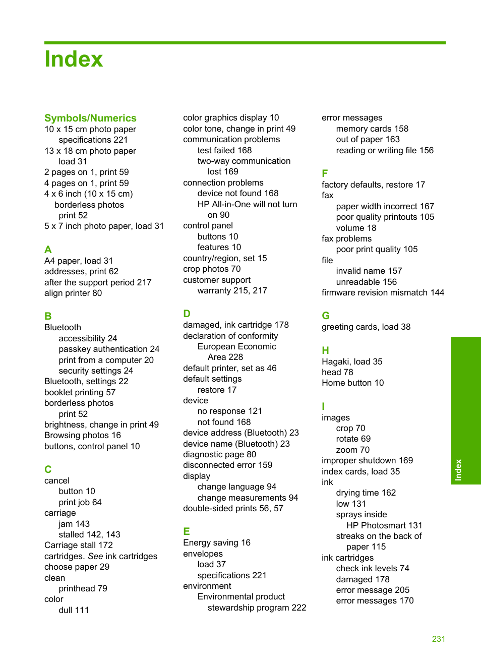 Index | HP Photosmart D7560 Printer User Manual | Page 234 / 237