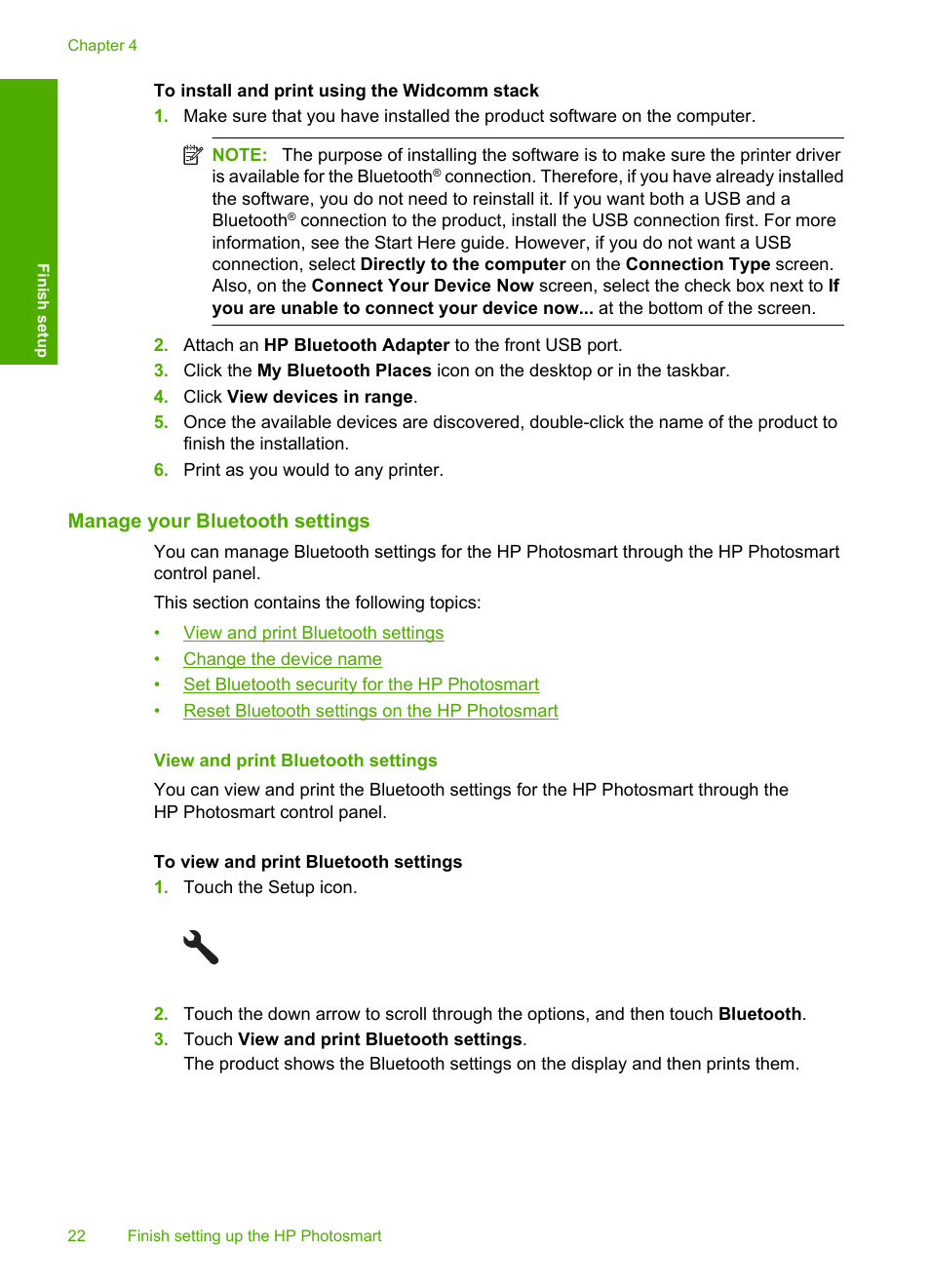 Manage your bluetooth settings, View and print bluetooth settings | HP Photosmart D7560 Printer User Manual | Page 25 / 237