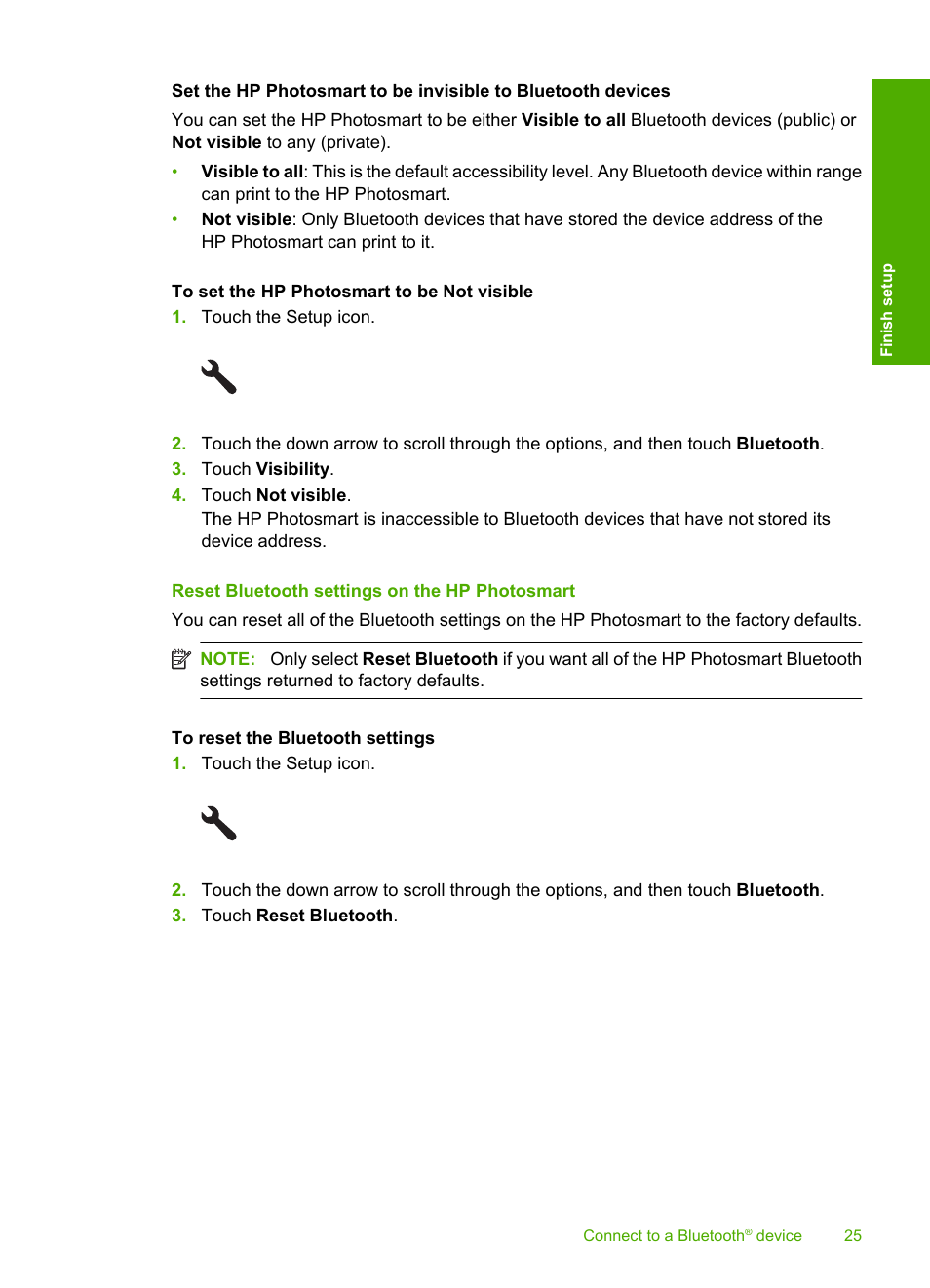 Reset bluetooth settings on the hp photosmart | HP Photosmart D7560 Printer User Manual | Page 28 / 237