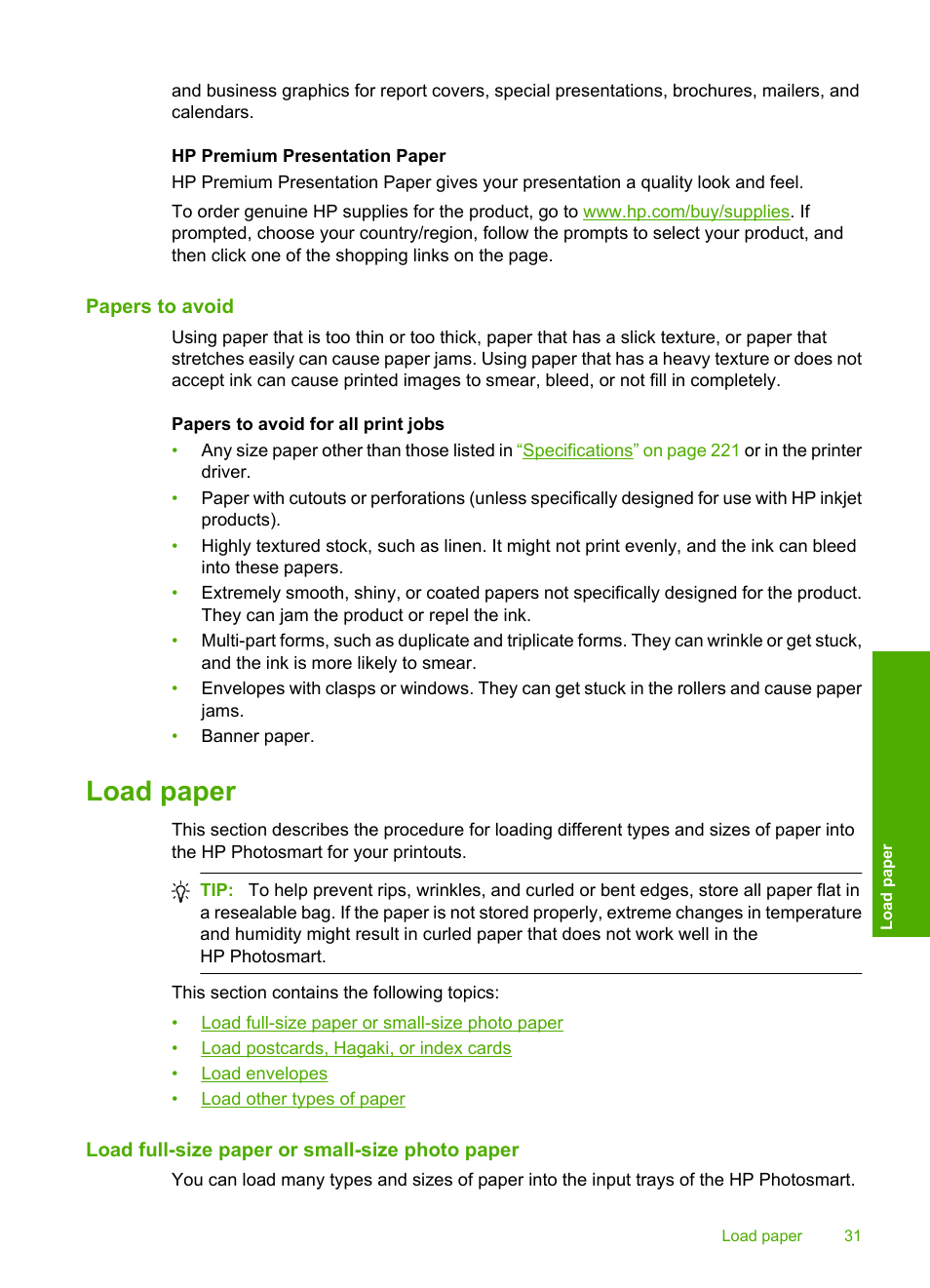 Papers to avoid, Load paper, Load full-size paper or small-size photo paper | HP Photosmart D7560 Printer User Manual | Page 34 / 237