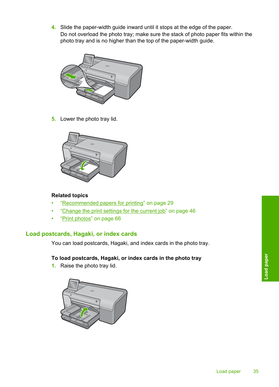 Load postcards, hagaki, or index cards | HP Photosmart D7560 Printer User Manual | Page 38 / 237