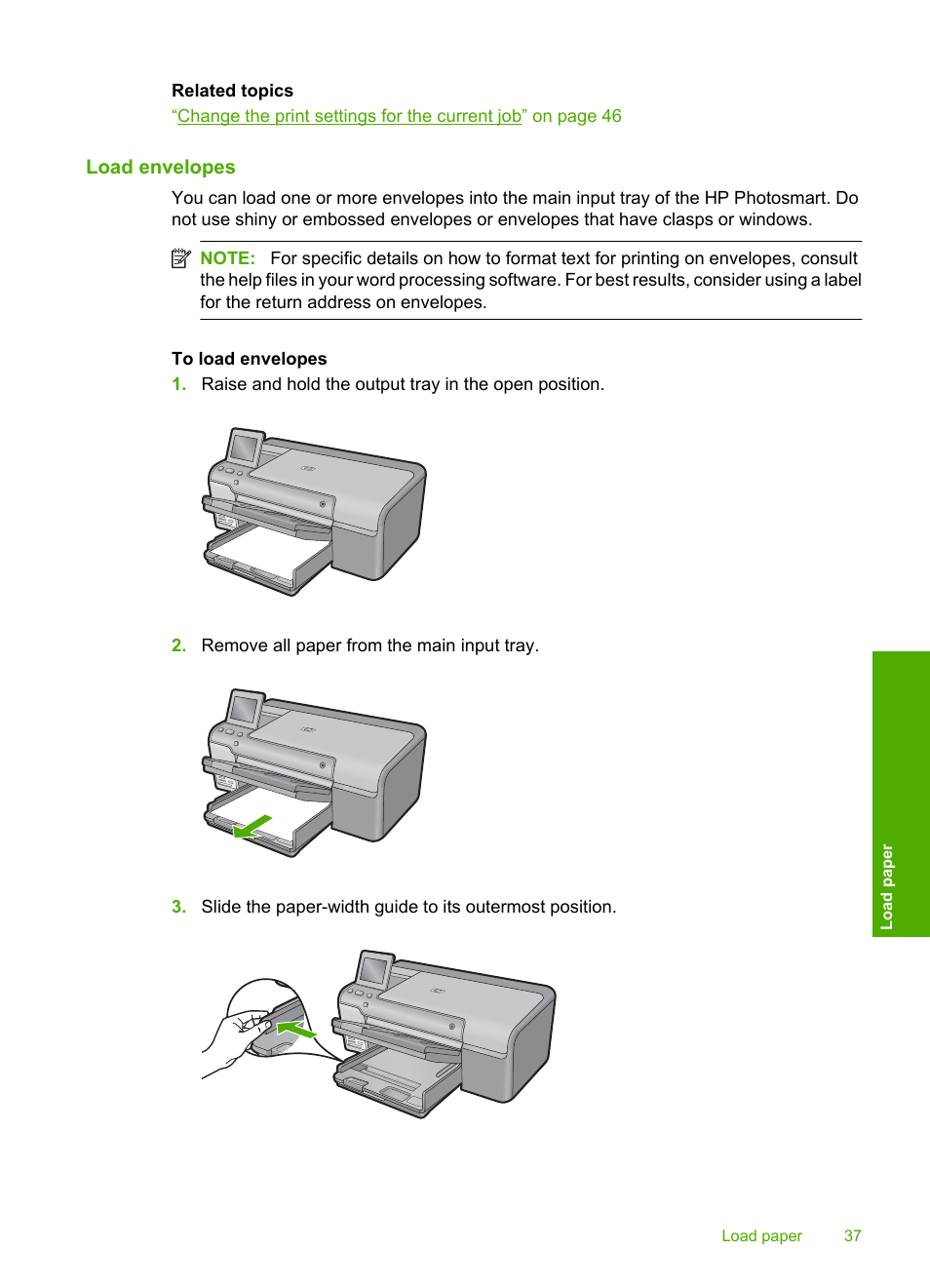 Load envelopes | HP Photosmart D7560 Printer User Manual | Page 40 / 237