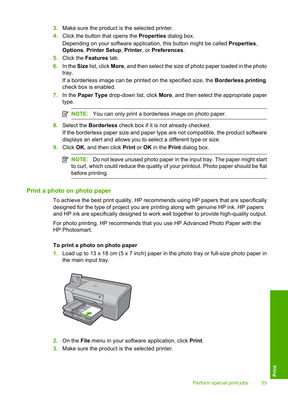 Print a photo on photo paper | HP Photosmart D7560 Printer User Manual | Page 56 / 237