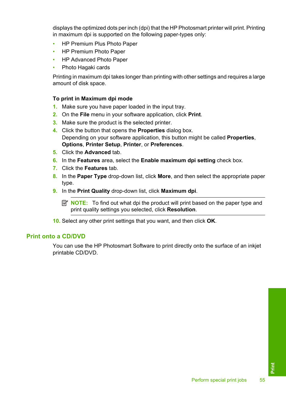 Print onto a cd/dvd | HP Photosmart D7560 Printer User Manual | Page 58 / 237