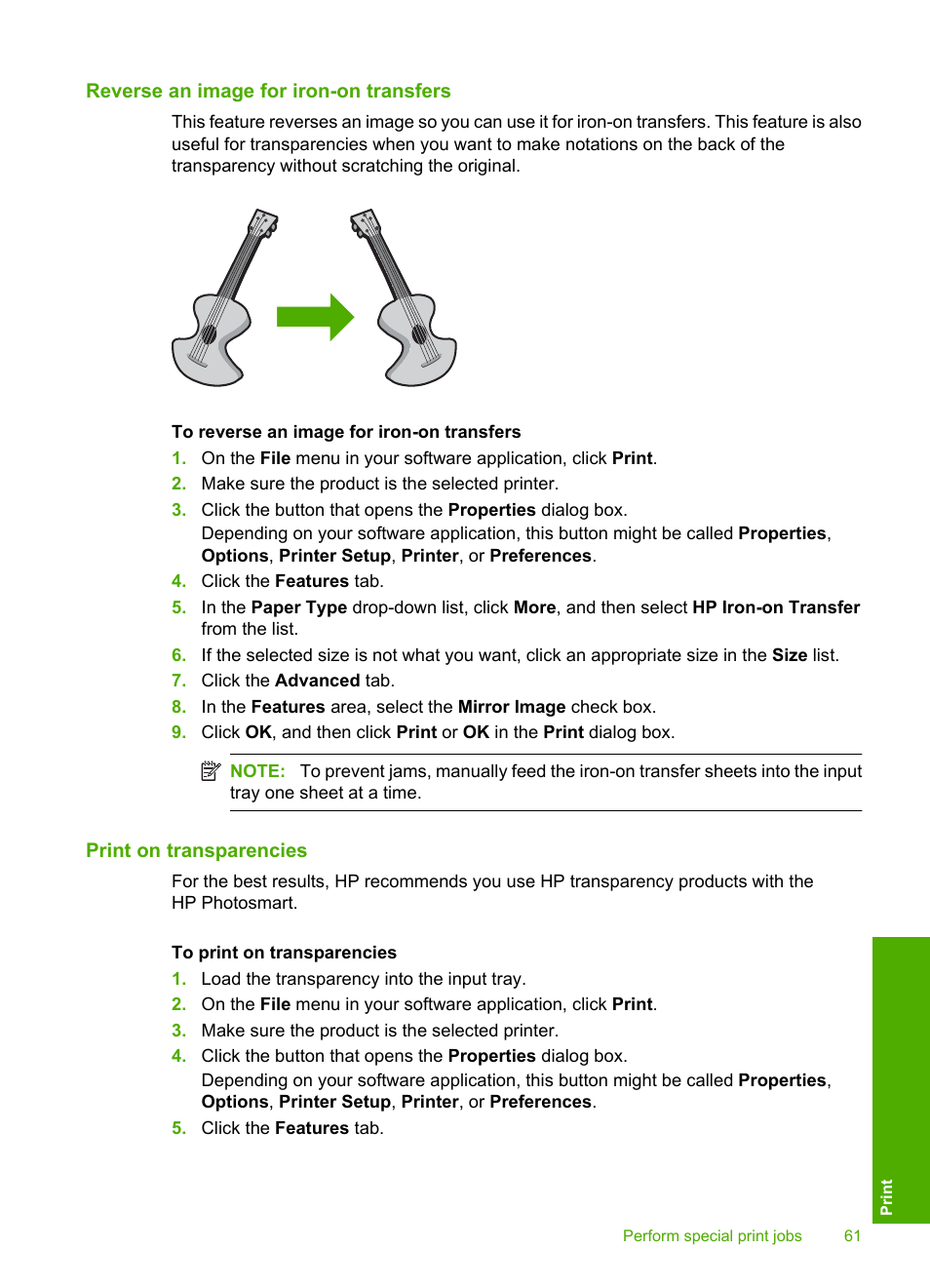 Reverse an image for iron-on transfers, Print on transparencies | HP Photosmart D7560 Printer User Manual | Page 64 / 237