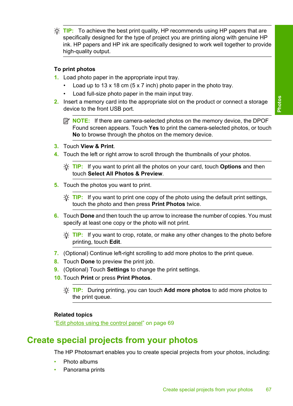 Create special projects from your photos | HP Photosmart D7560 Printer User Manual | Page 70 / 237