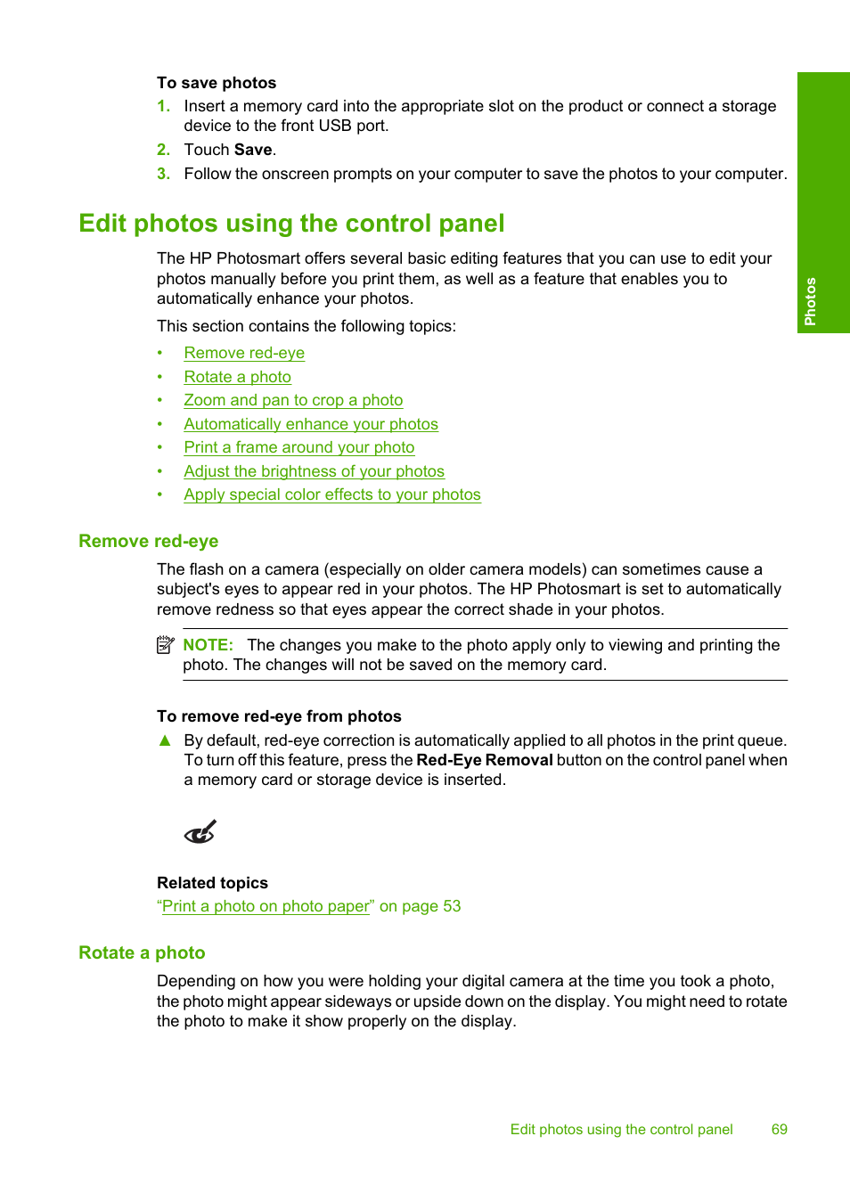 Edit photos using the control panel, Remove red‐eye, Rotate a photo | HP Photosmart D7560 Printer User Manual | Page 72 / 237