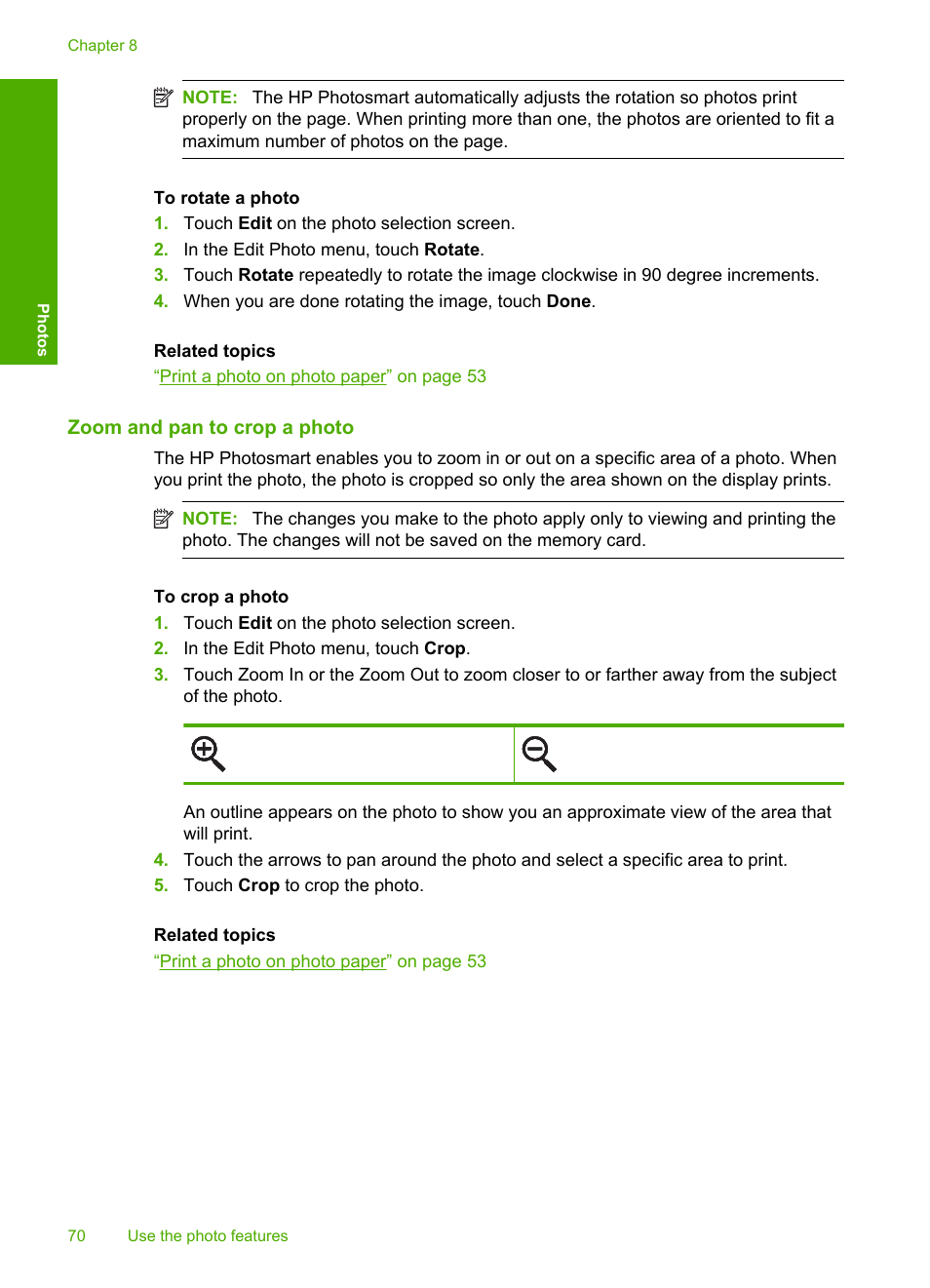 Zoom and pan to crop a photo | HP Photosmart D7560 Printer User Manual | Page 73 / 237