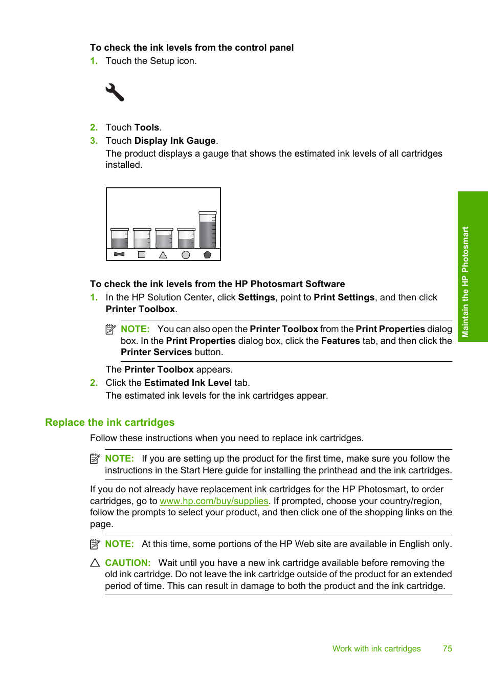 Replace the ink cartridges | HP Photosmart D7560 Printer User Manual | Page 78 / 237