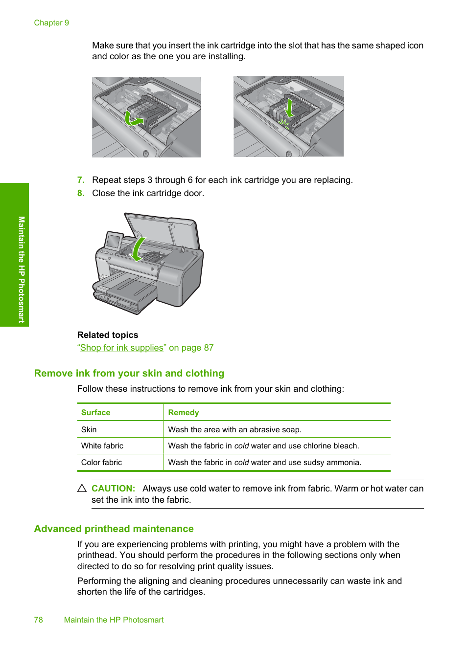 Remove ink from your skin and clothing, Advanced printhead maintenance | HP Photosmart D7560 Printer User Manual | Page 81 / 237