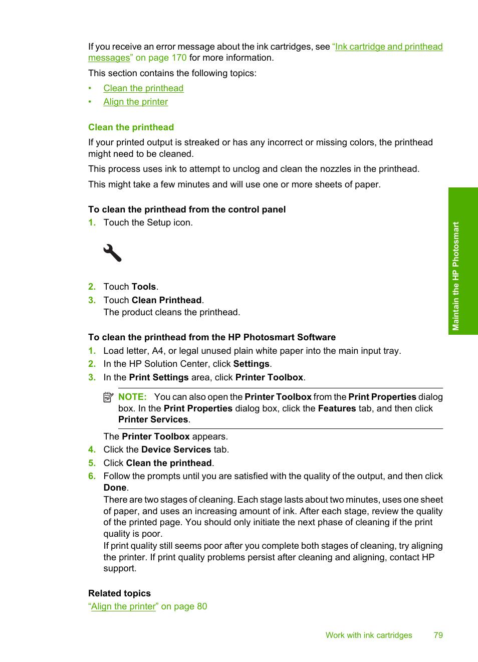 Clean the printhead | HP Photosmart D7560 Printer User Manual | Page 82 / 237