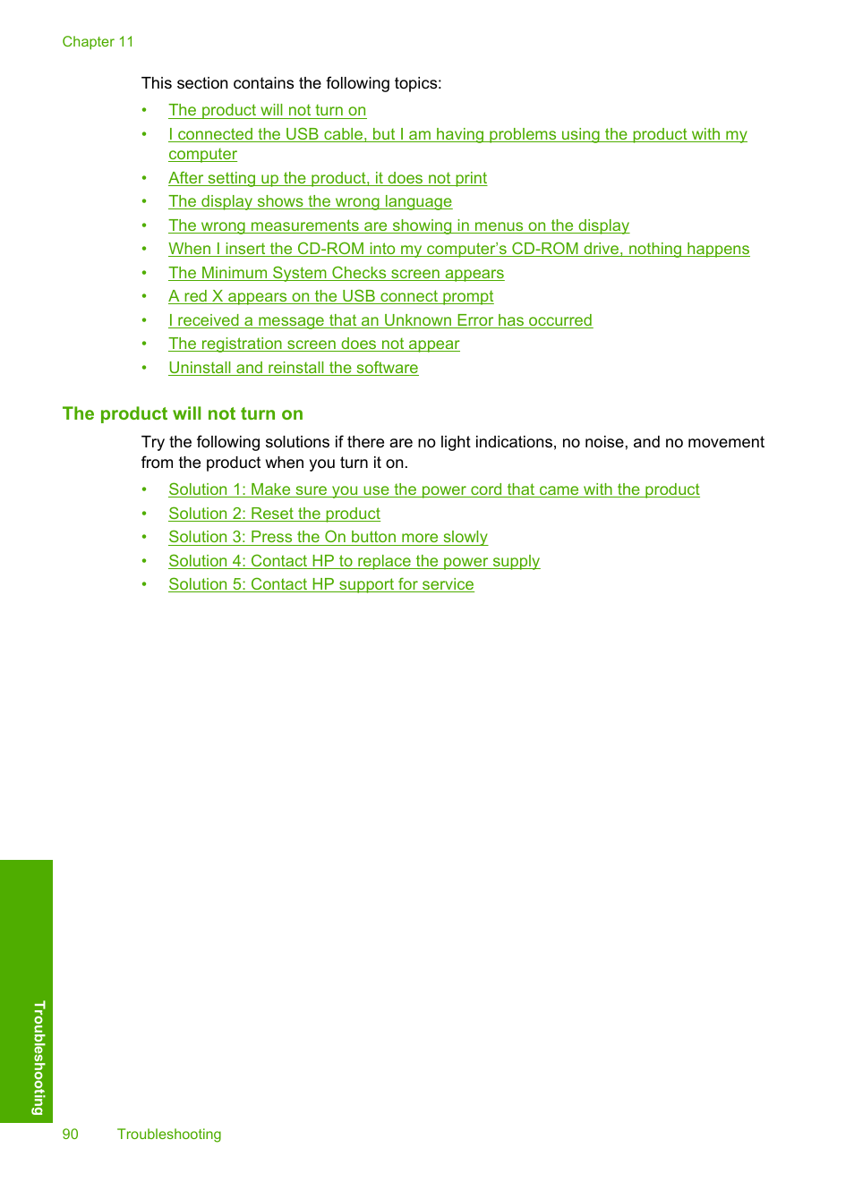 The product will not turn on | HP Photosmart D7560 Printer User Manual | Page 93 / 237