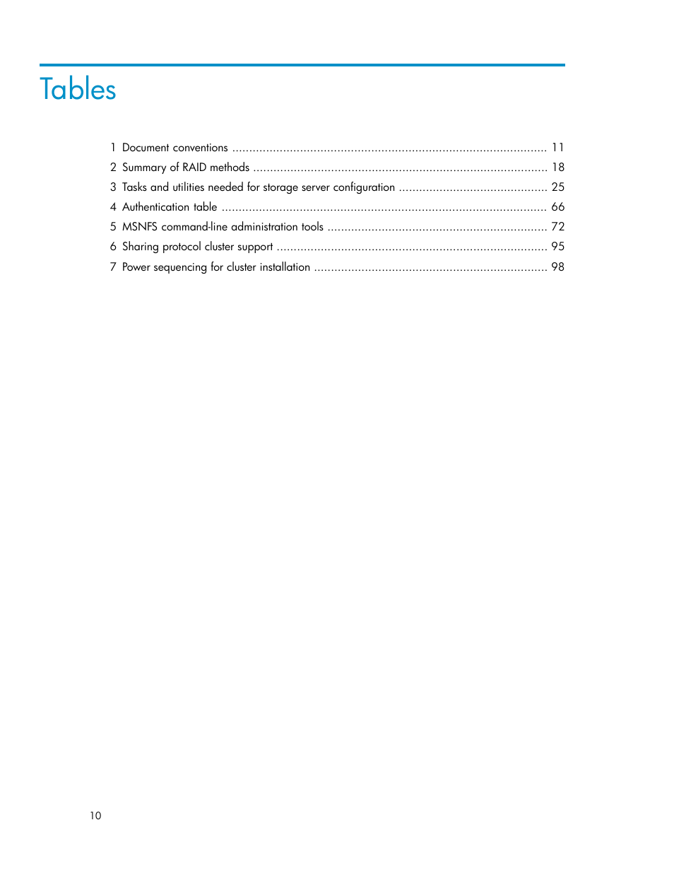 Tables | HP ProLiant SB460c SAN Gateway Storage Server User Manual | Page 10 / 132