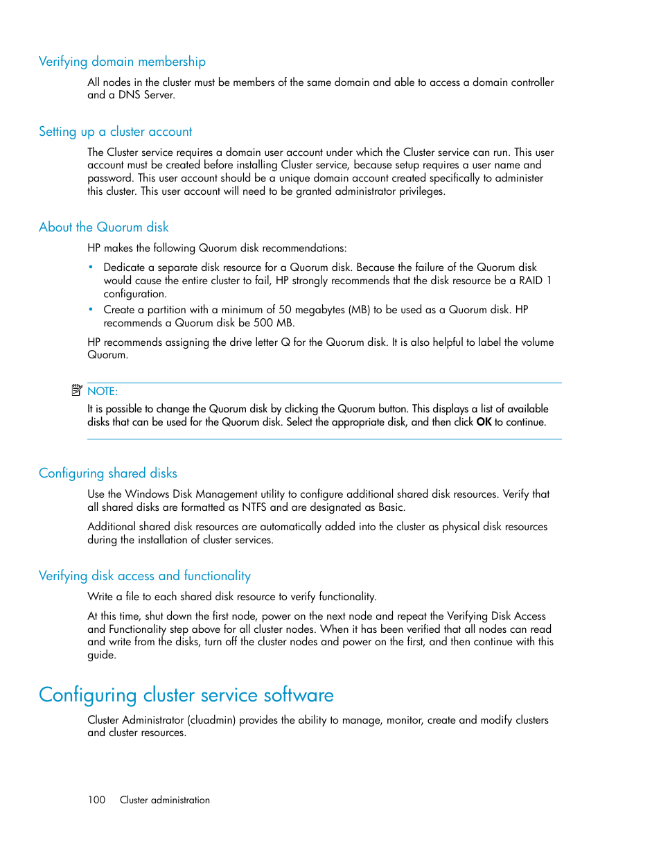 Verifying domain membership, Setting up a cluster account, About the quorum disk | Configuring shared disks, Verifying disk access and functionality, Configuring cluster service software, 100 setting up a cluster account, 100 about the quorum disk, 100 configuring shared disks | HP ProLiant SB460c SAN Gateway Storage Server User Manual | Page 100 / 132