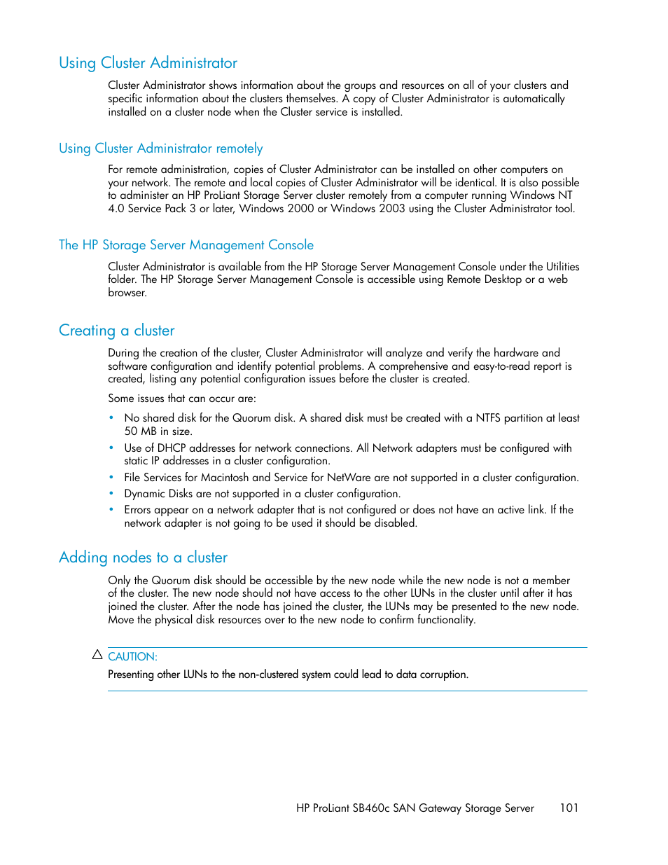 Using cluster administrator, Using cluster administrator remotely, The hp storage server management console | Creating a cluster, Adding nodes to a cluster, 101 the hp storage server management console, 101 adding nodes to a cluster | HP ProLiant SB460c SAN Gateway Storage Server User Manual | Page 101 / 132