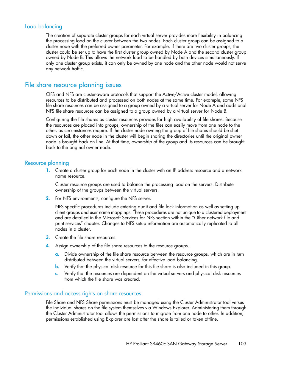 Load balancing, File share resource planning issues, Resource planning | Permissions and access rights on share resources | HP ProLiant SB460c SAN Gateway Storage Server User Manual | Page 103 / 132