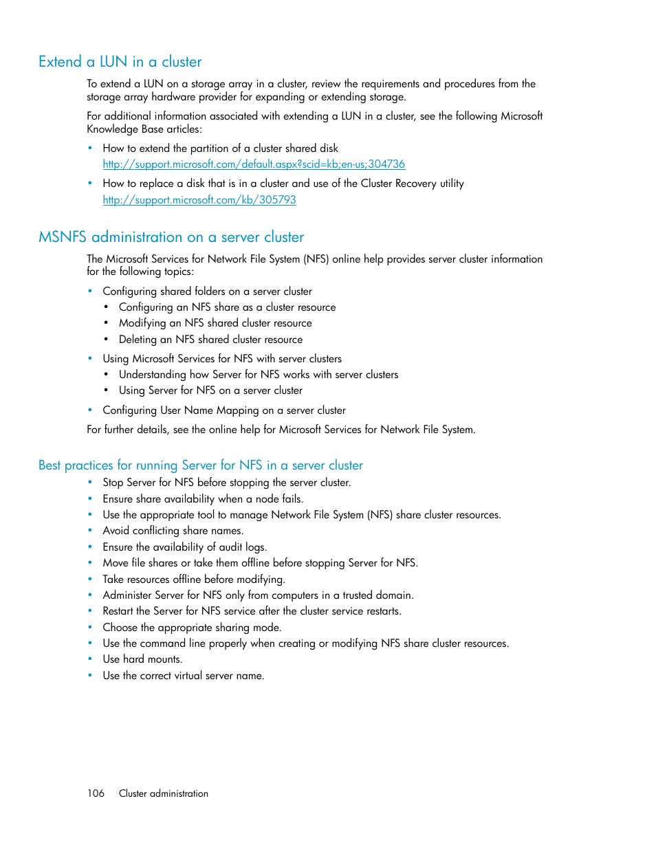 Extend a lun in a cluster, Msnfs administration on a server cluster, 106 msnfs administration on a server cluster | HP ProLiant SB460c SAN Gateway Storage Server User Manual | Page 106 / 132