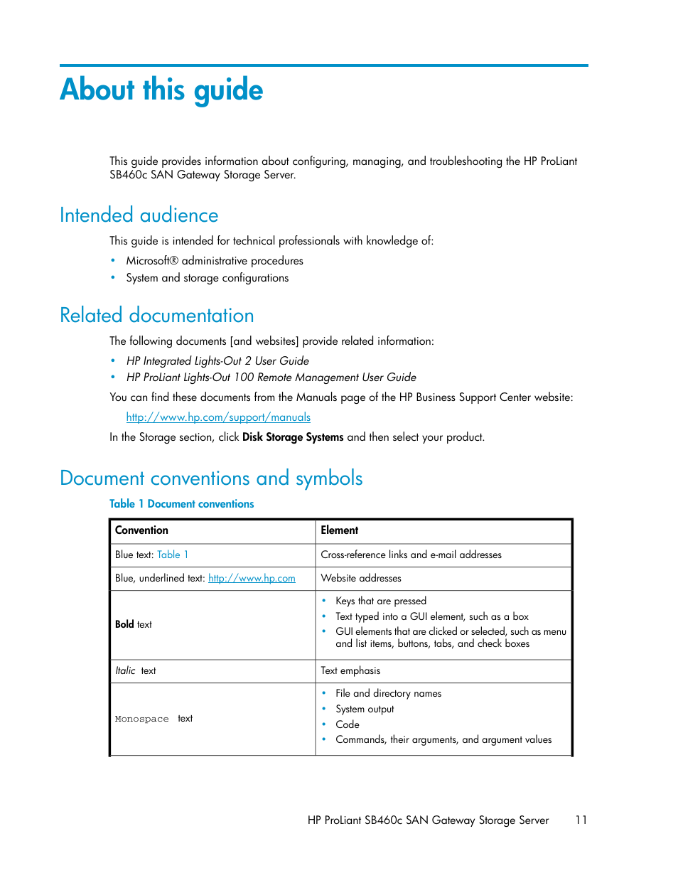 About this guide, Intended audience, Related documentation | Document conventions and symbols, 11 related documentation, 11 document conventions and symbols, Document conventions | HP ProLiant SB460c SAN Gateway Storage Server User Manual | Page 11 / 132