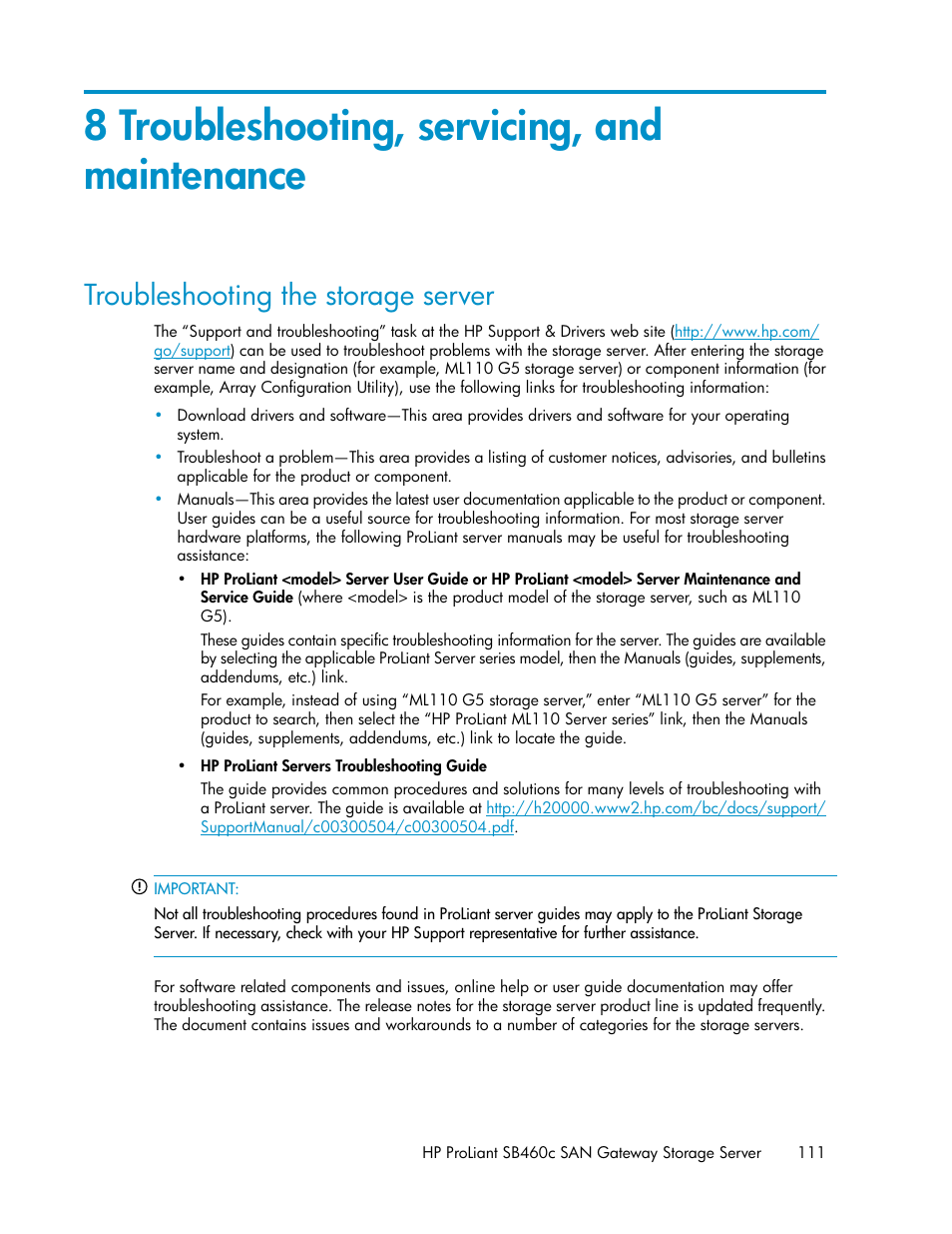 8 troubleshooting, servicing, and maintenance, Troubleshooting the storage server | HP ProLiant SB460c SAN Gateway Storage Server User Manual | Page 111 / 132