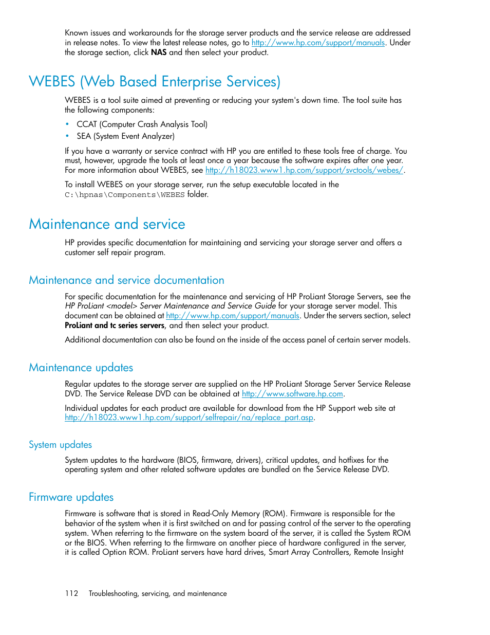 Webes (web based enterprise services), Maintenance and service, Maintenance and service documentation | Maintenance updates, System updates, Firmware updates, 112 maintenance and service, 112 maintenance updates | HP ProLiant SB460c SAN Gateway Storage Server User Manual | Page 112 / 132