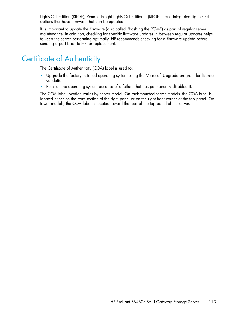 Certificate of authenticity | HP ProLiant SB460c SAN Gateway Storage Server User Manual | Page 113 / 132