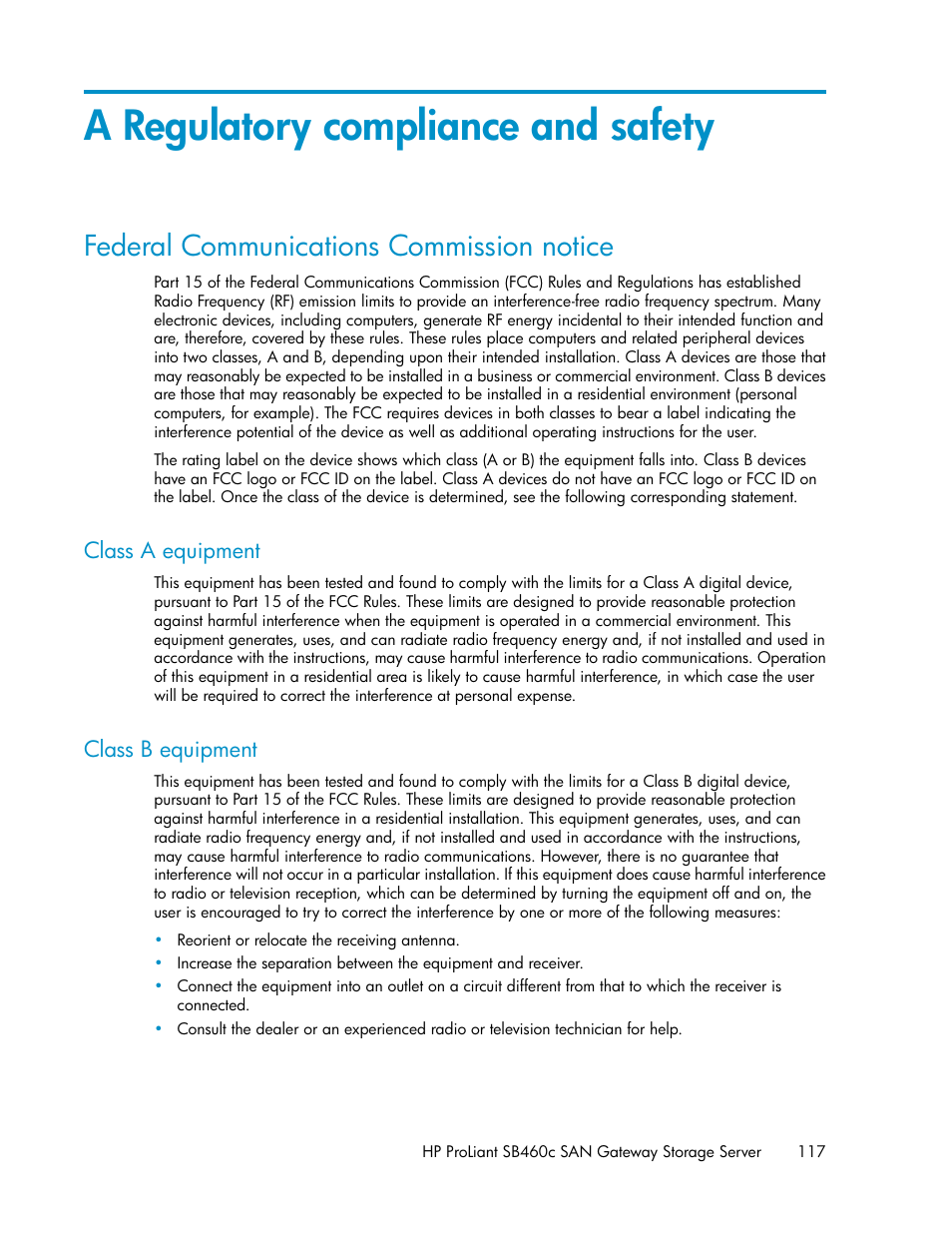 A regulatory compliance and safety, Federal communications commission notice, Class a equipment | Class b equipment, 117 class b equipment | HP ProLiant SB460c SAN Gateway Storage Server User Manual | Page 117 / 132