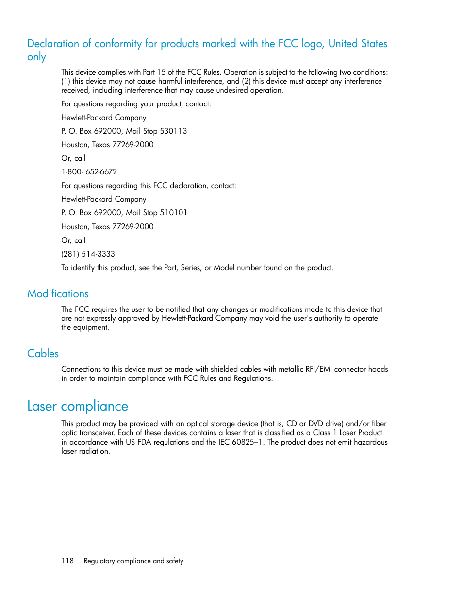 Modifications, Cables, Laser compliance | 118 modifications, 118 cables | HP ProLiant SB460c SAN Gateway Storage Server User Manual | Page 118 / 132