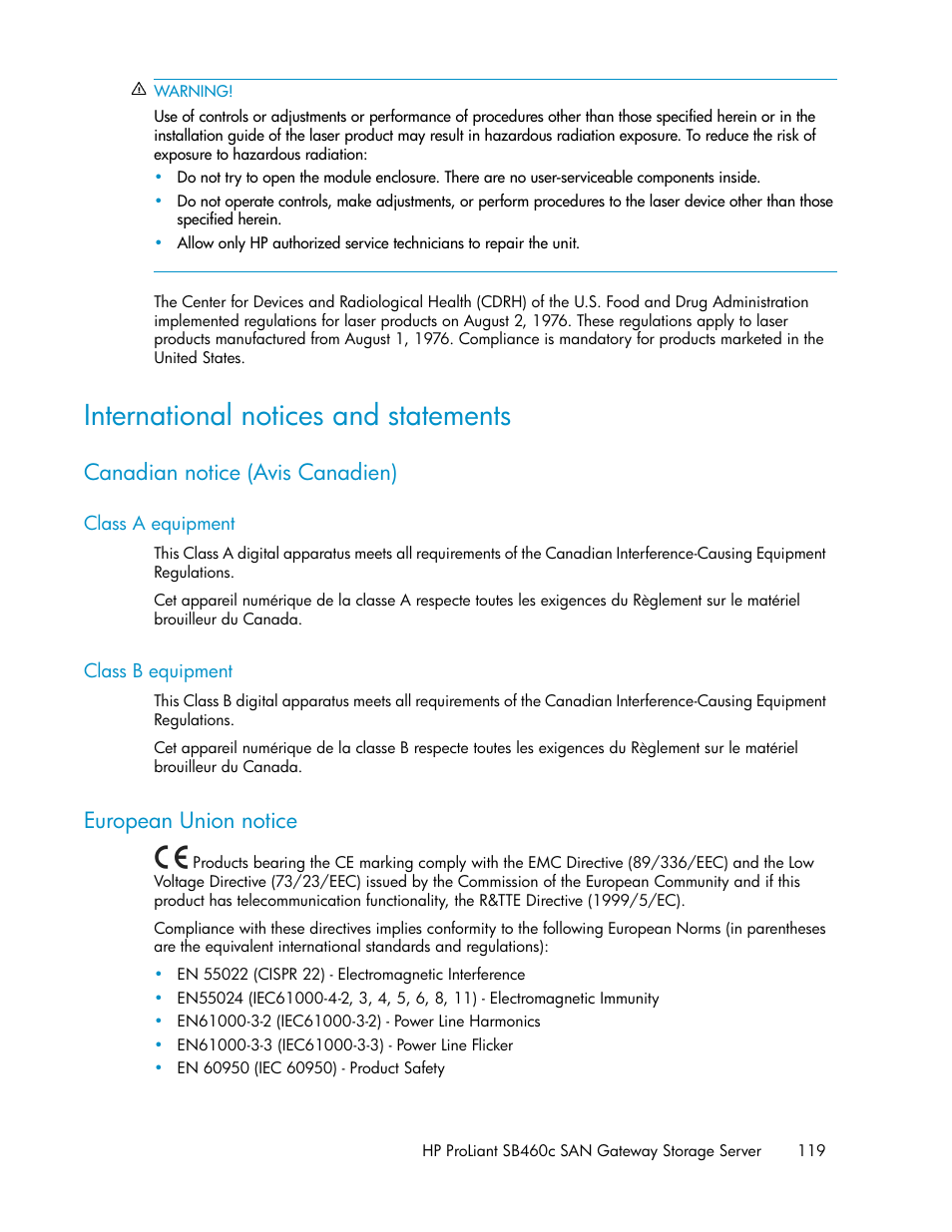 International notices and statements, Canadian notice (avis canadien), Class a equipment | Class b equipment, European union notice, 119 class b equipment | HP ProLiant SB460c SAN Gateway Storage Server User Manual | Page 119 / 132