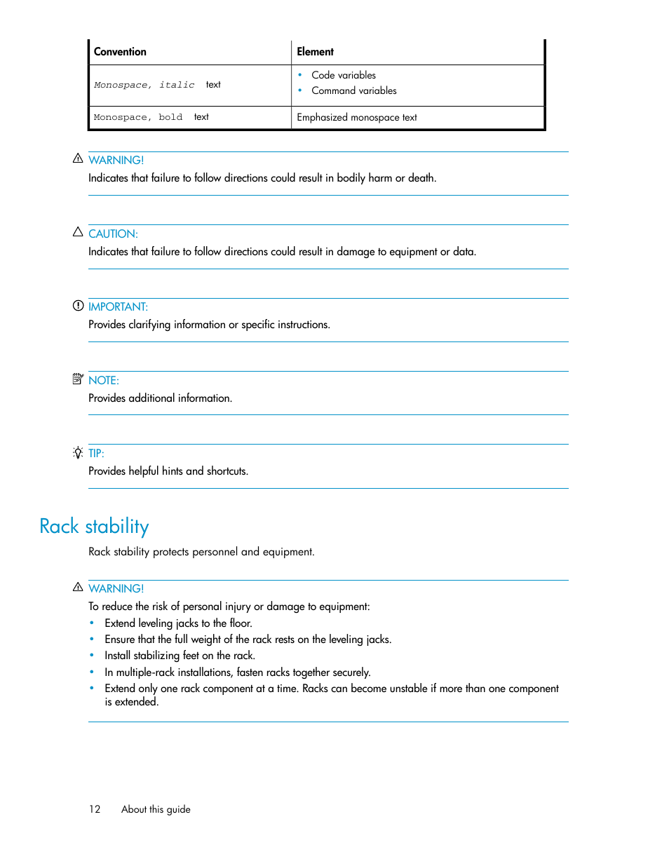 Rack stability | HP ProLiant SB460c SAN Gateway Storage Server User Manual | Page 12 / 132