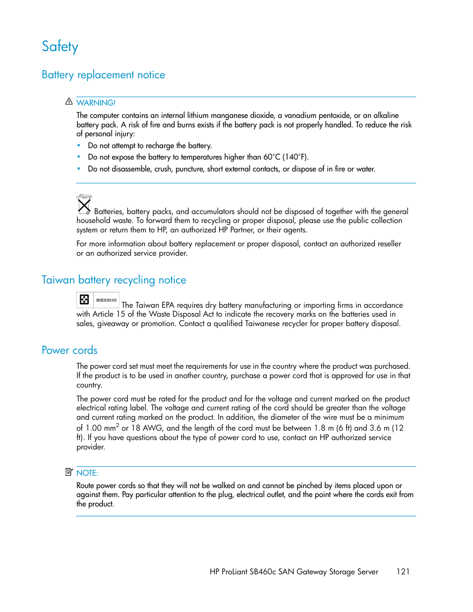 Safety, Battery replacement notice, Taiwan battery recycling notice | Power cords, 121 taiwan battery recycling notice, 121 power cords | HP ProLiant SB460c SAN Gateway Storage Server User Manual | Page 121 / 132