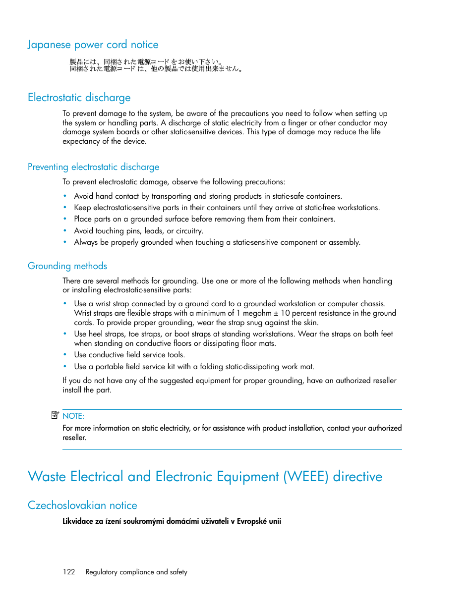 Japanese power cord notice, Electrostatic discharge, Preventing electrostatic discharge | Grounding methods, Czechoslovakian notice, 122 electrostatic discharge, 122 grounding methods, Japanese power cord notice electrostatic discharge | HP ProLiant SB460c SAN Gateway Storage Server User Manual | Page 122 / 132