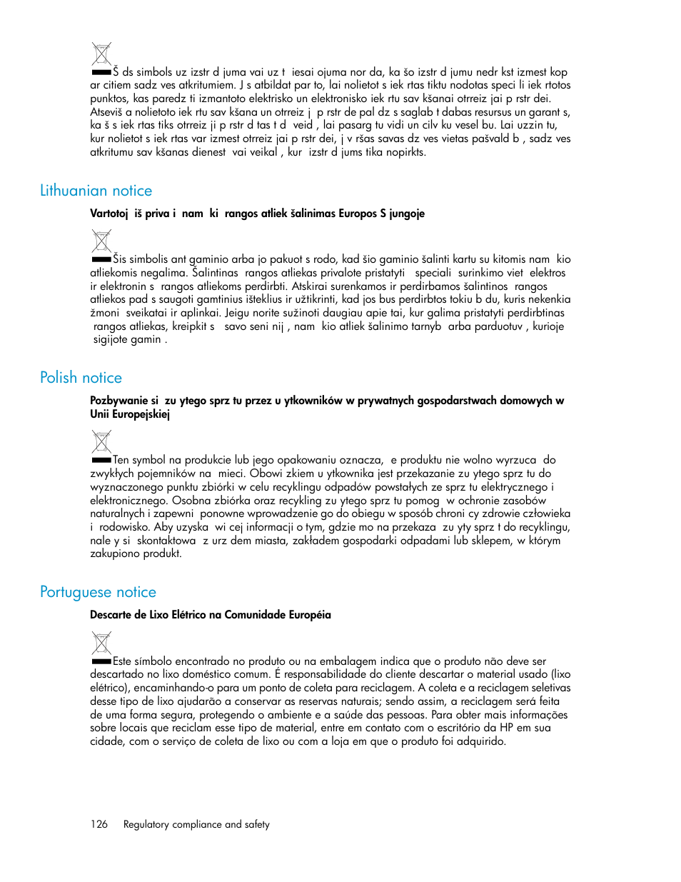 Lithuanian notice, Polish notice, Portuguese notice | 126 polish notice, 126 portuguese notice | HP ProLiant SB460c SAN Gateway Storage Server User Manual | Page 126 / 132