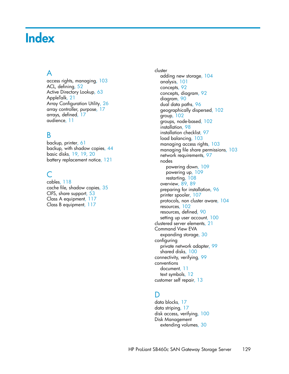 Index | HP ProLiant SB460c SAN Gateway Storage Server User Manual | Page 129 / 132