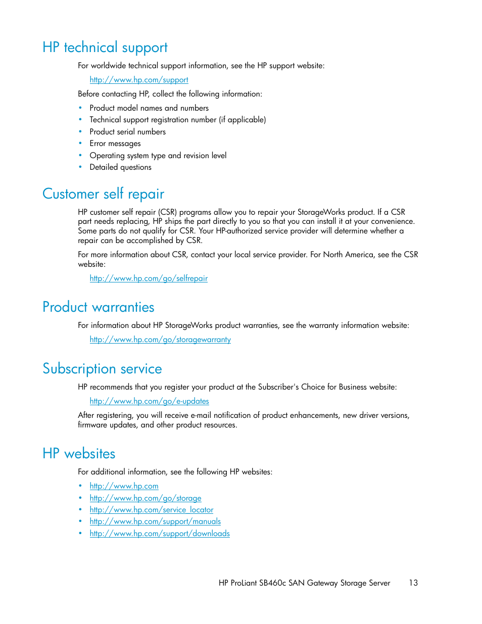 Hp technical support, Customer self repair, Product warranties | Subscription service, Hp websites, 13 customer self repair, 13 product warranties, 13 subscription service, 13 hp websites | HP ProLiant SB460c SAN Gateway Storage Server User Manual | Page 13 / 132