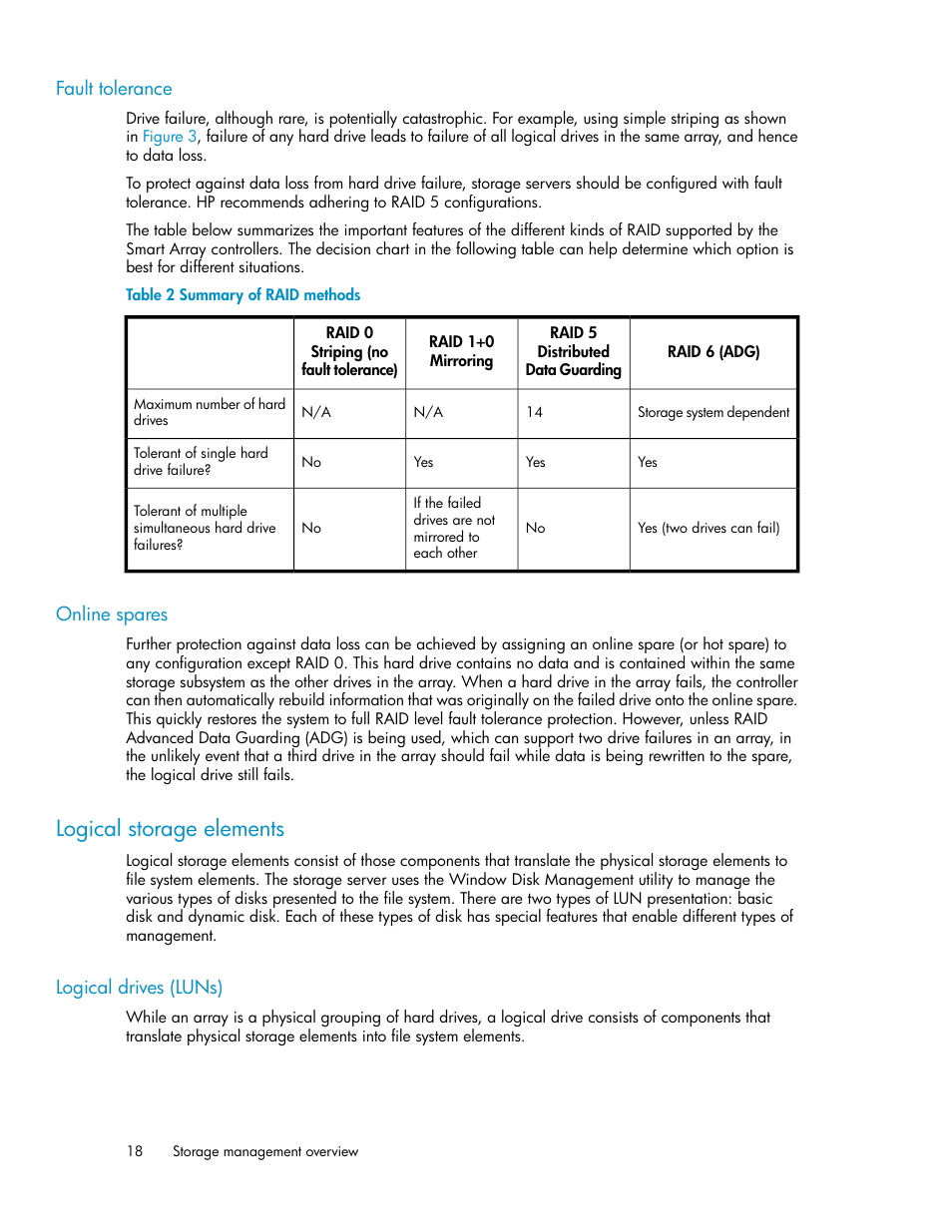 Fault tolerance, Online spares, Logical storage elements | Logical drives (luns), 18 online spares, Summary of raid methods | HP ProLiant SB460c SAN Gateway Storage Server User Manual | Page 18 / 132