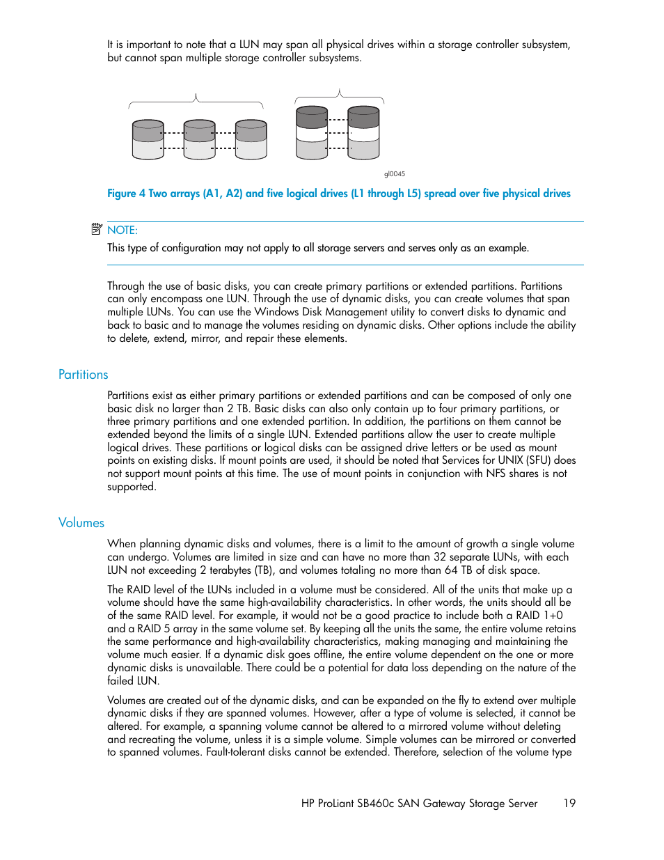 Partitions, Volumes, 19 volumes | HP ProLiant SB460c SAN Gateway Storage Server User Manual | Page 19 / 132