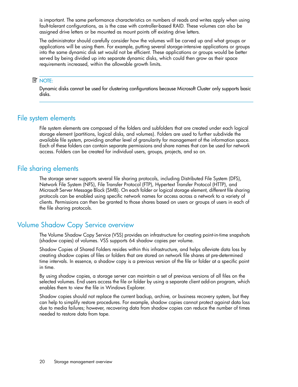 File system elements, File sharing elements, Volume shadow copy service overview | 20 file sharing elements, 20 volume shadow copy service overview | HP ProLiant SB460c SAN Gateway Storage Server User Manual | Page 20 / 132