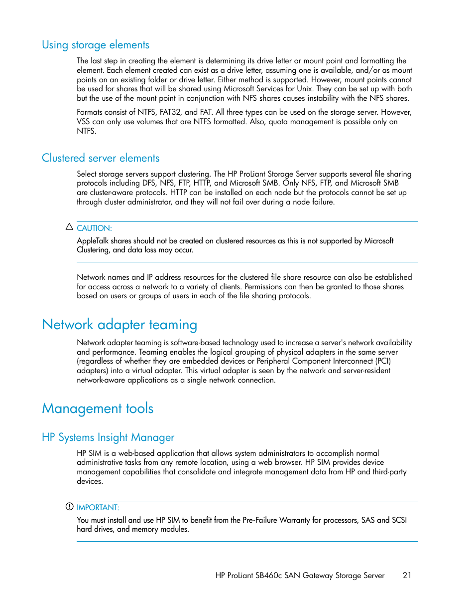 Using storage elements, Clustered server elements, Network adapter teaming | Management tools, Hp systems insight manager, 21 clustered server elements, 21 management tools | HP ProLiant SB460c SAN Gateway Storage Server User Manual | Page 21 / 132