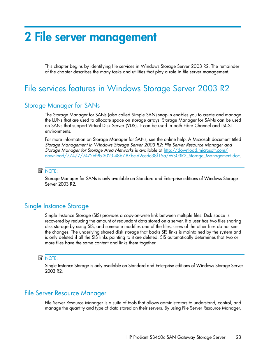 2 file server management, Storage manager for sans, Single instance storage | File server resource manager, 23 single instance storage, 23 file server resource manager | HP ProLiant SB460c SAN Gateway Storage Server User Manual | Page 23 / 132