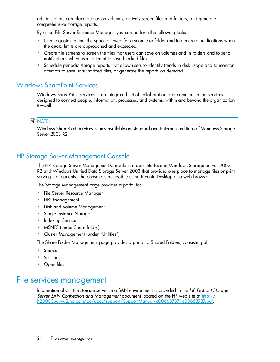 Windows sharepoint services, Hp storage server management console, File services management | 24 hp storage server management console | HP ProLiant SB460c SAN Gateway Storage Server User Manual | Page 24 / 132