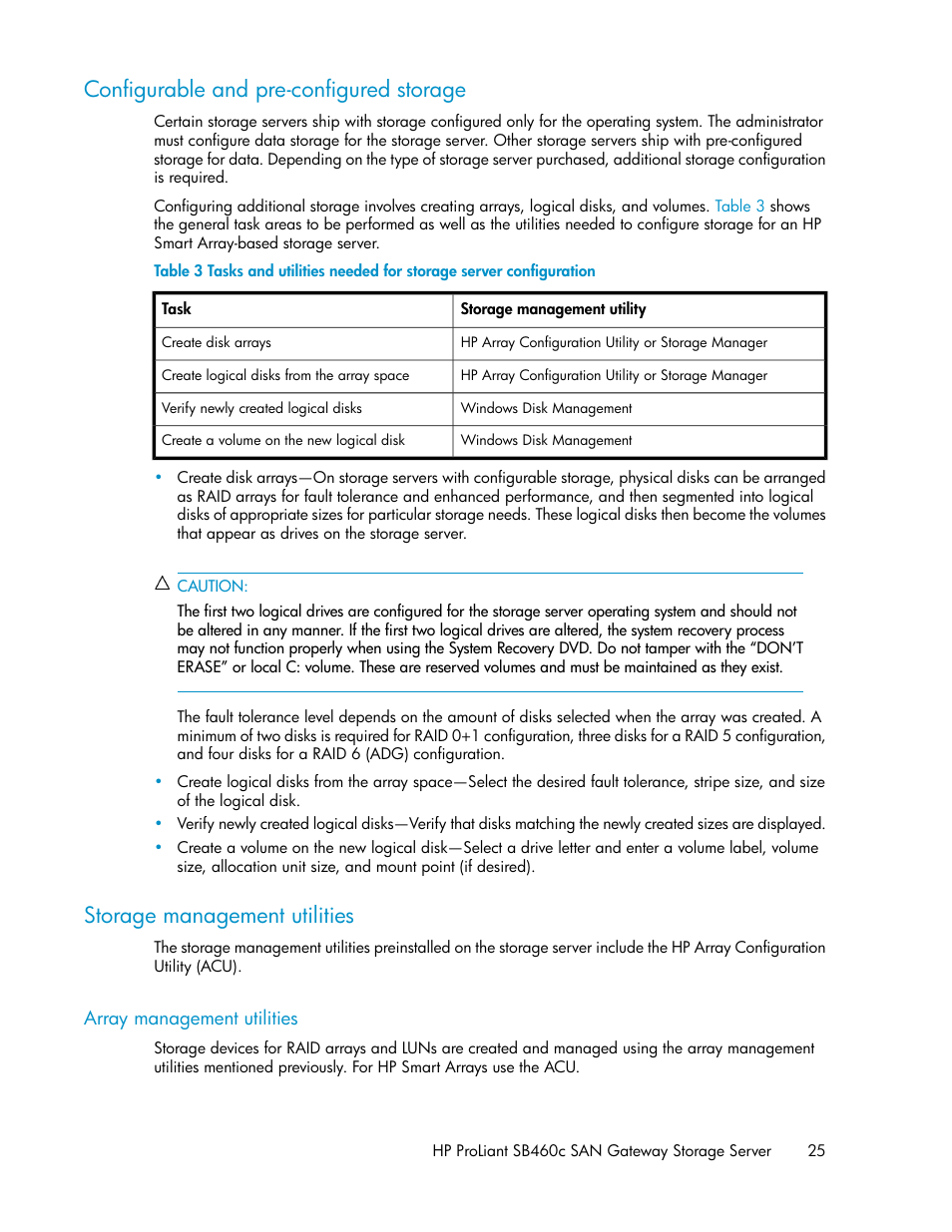 Configurable and pre-configured storage, Storage management utilities, Array management utilities | 25 storage management utilities | HP ProLiant SB460c SAN Gateway Storage Server User Manual | Page 25 / 132