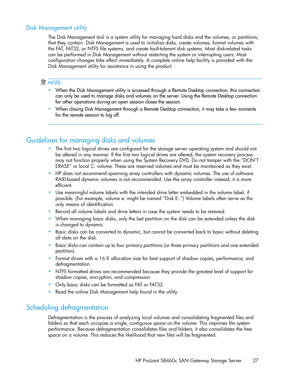 Disk management utility, Guidelines for managing disks and volumes, Scheduling defragmentation | 27 scheduling defragmentation | HP ProLiant SB460c SAN Gateway Storage Server User Manual | Page 27 / 132