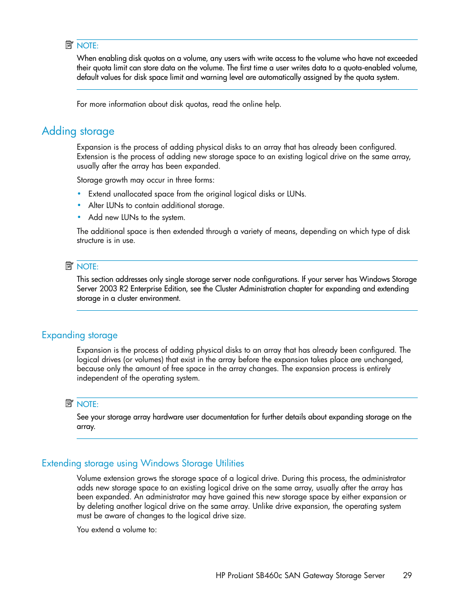 Adding storage, Expanding storage, Extending storage using windows storage utilities | HP ProLiant SB460c SAN Gateway Storage Server User Manual | Page 29 / 132