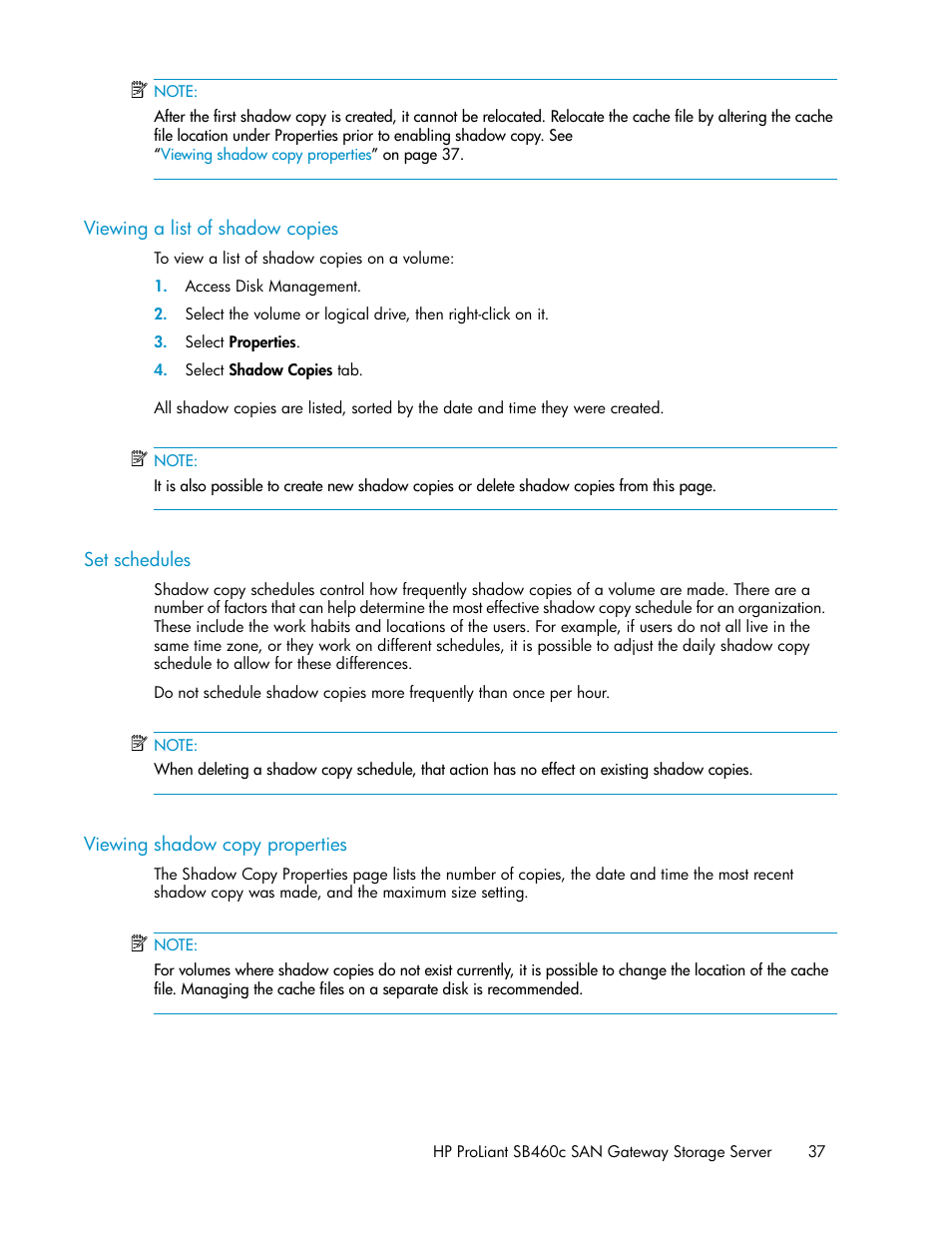 Viewing a list of shadow copies, Set schedules, Viewing shadow copy properties | 37 set schedules, 37 viewing shadow copy properties | HP ProLiant SB460c SAN Gateway Storage Server User Manual | Page 37 / 132