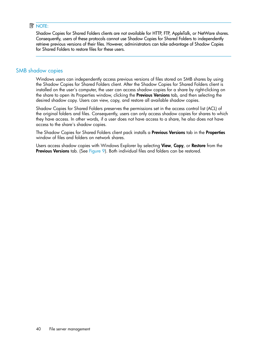 Smb shadow copies | HP ProLiant SB460c SAN Gateway Storage Server User Manual | Page 40 / 132