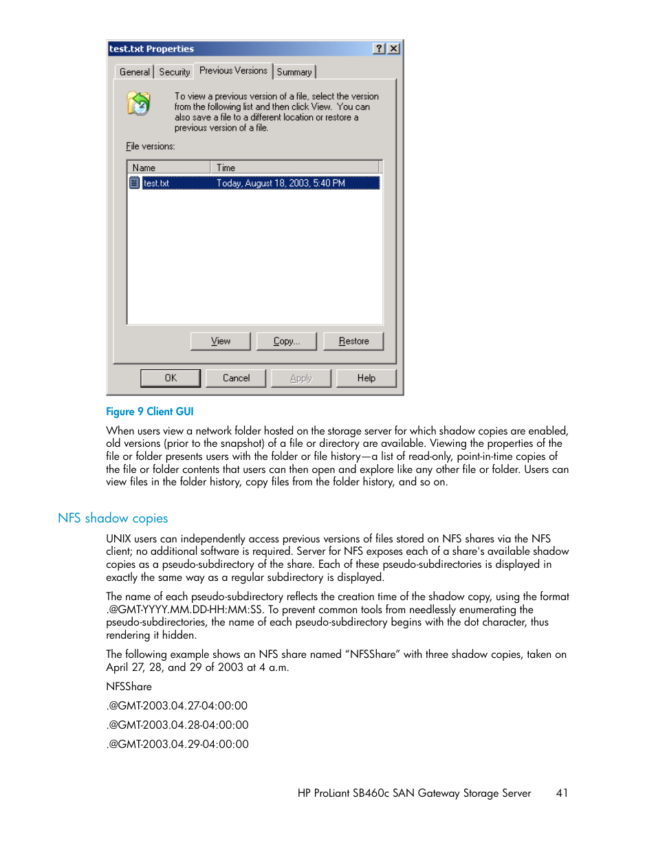 Nfs shadow copies, Client gui | HP ProLiant SB460c SAN Gateway Storage Server User Manual | Page 41 / 132