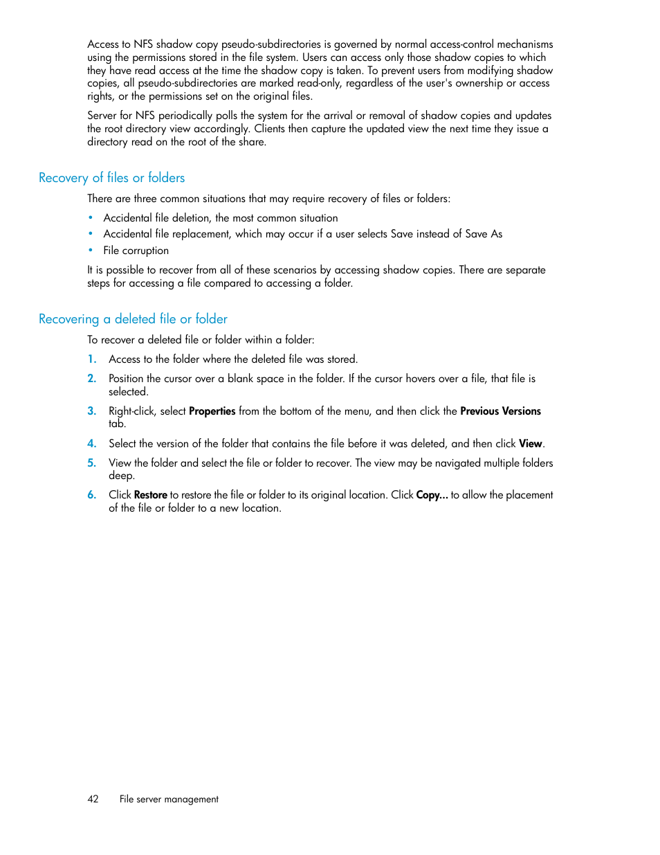 Recovery of files or folders, Recovering a deleted file or folder, 42 recovering a deleted file or folder | HP ProLiant SB460c SAN Gateway Storage Server User Manual | Page 42 / 132