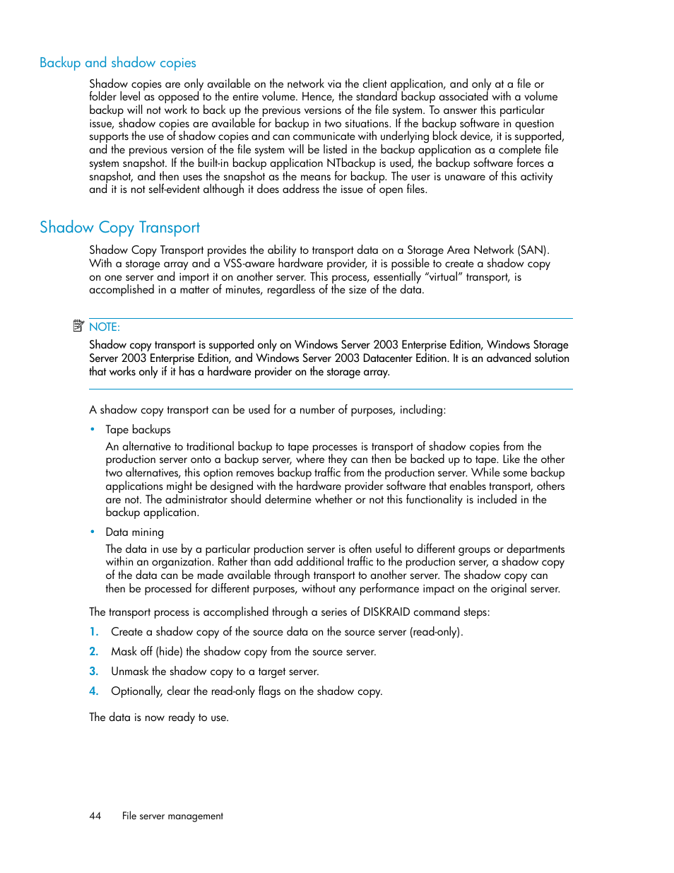 Backup and shadow copies, Shadow copy transport | HP ProLiant SB460c SAN Gateway Storage Server User Manual | Page 44 / 132