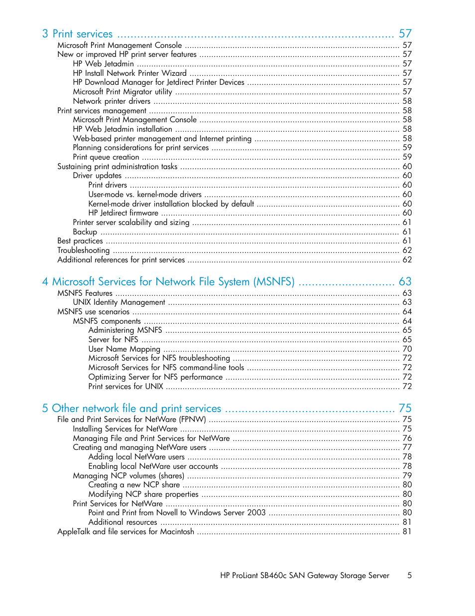 3 print services, 5 other network file and print services | HP ProLiant SB460c SAN Gateway Storage Server User Manual | Page 5 / 132